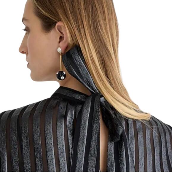 J.Crew Metallic Silk Blend Chiffon Mock Neck Top Black Stripe Tie Shirt Medium - Picture 2 of 9